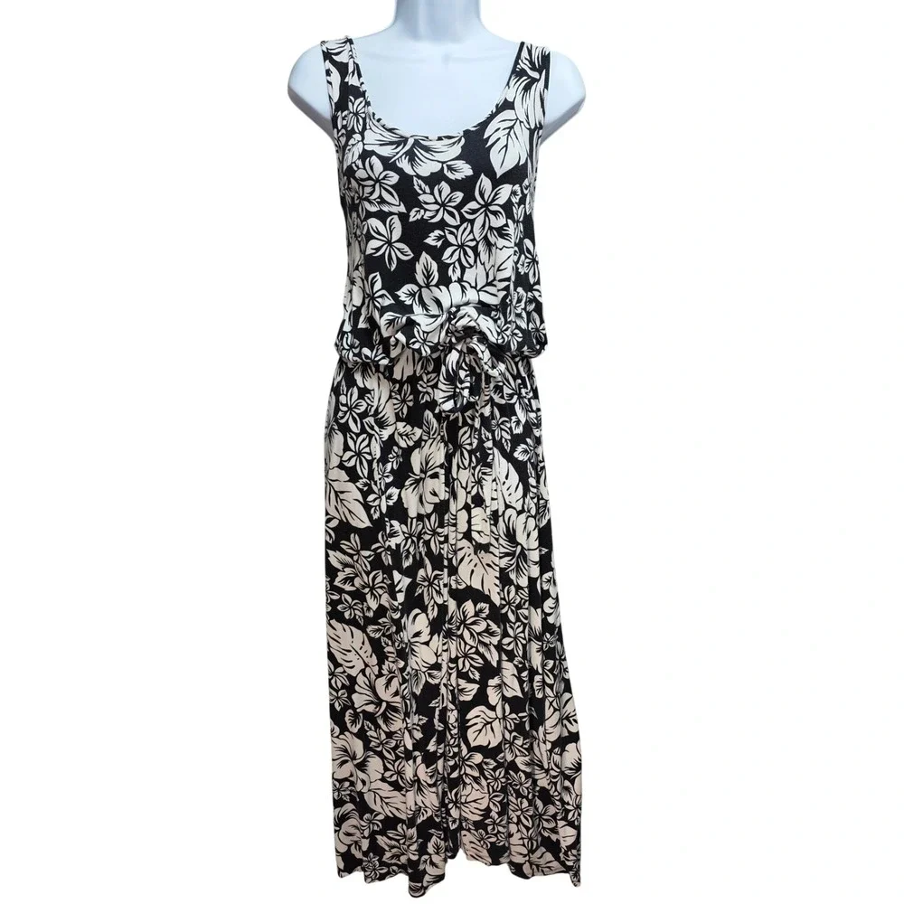 Michael Kors Black White Tropical Floral Sleeveless Maxi Dress Large Blouson Tie